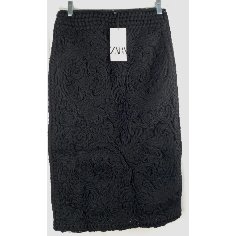 Zara‎ Womens Black Crochet Wool Blend Side Zip Skirt Size Small
